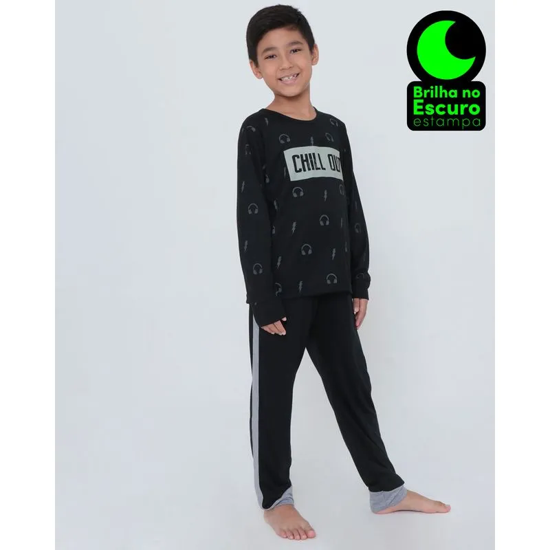 Pijama Longo Infantil Estampa Brilha no Escuro Preto 6