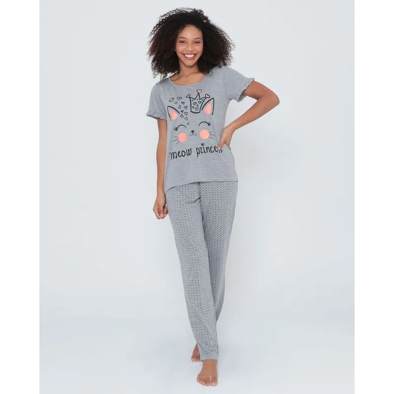 Pijama Feminino Longo Estampa Gato Cinza GG