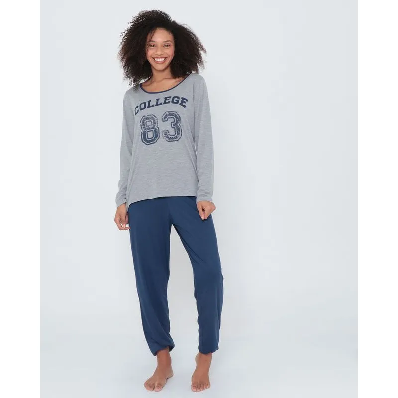 Pijama Feminino Longo Estampa Frontal Cinza M