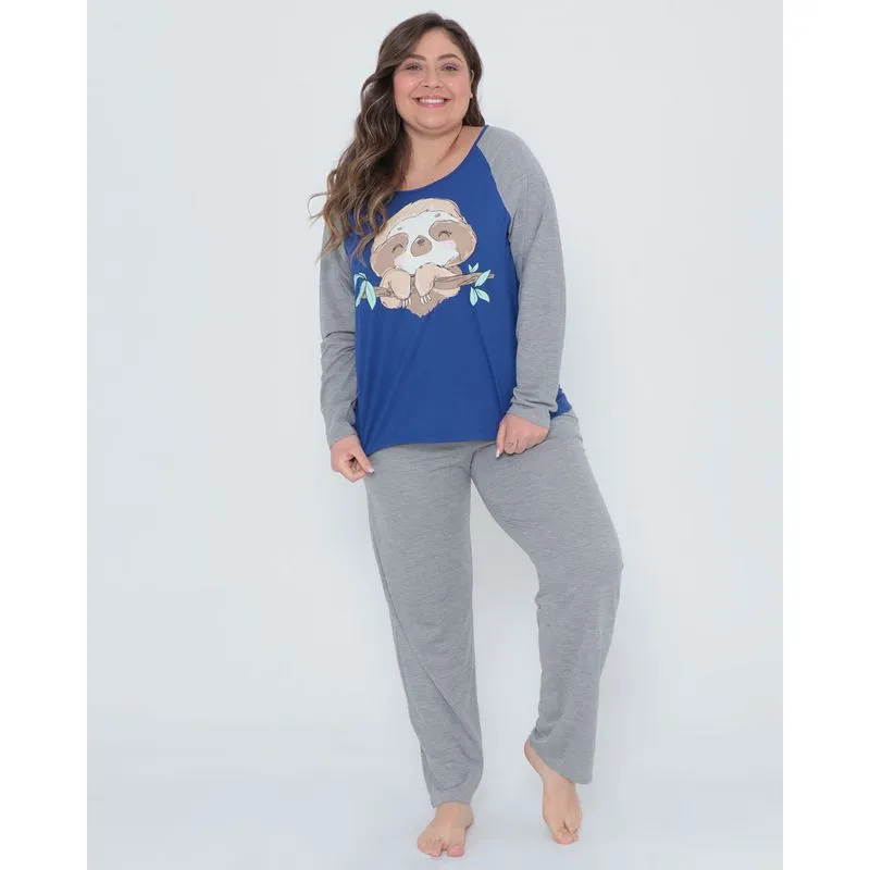 Pijama Longo Feminino Plus Size Estampado Azul G3