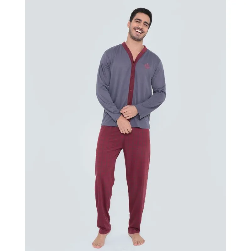 Pijama Masculino Longo Aberto Cinza Escuro GG