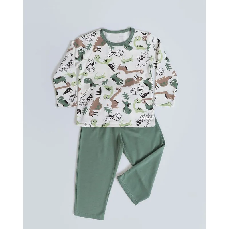 Pijama Longo Bebê Moletom Dinossauros Off White 2
