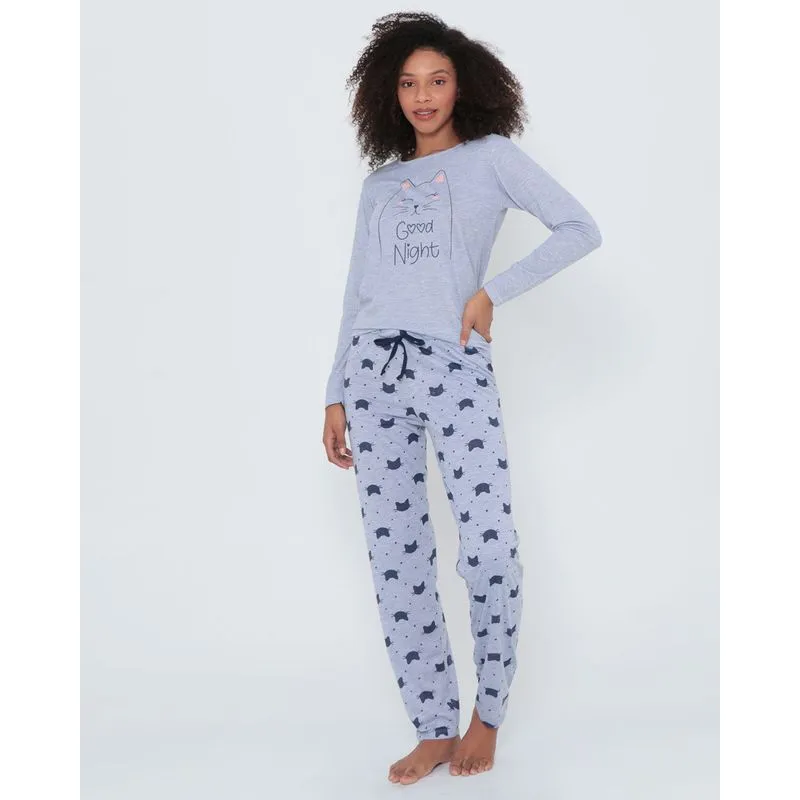 Pijama Feminino Longo Estampa Gato Mescla Cinza G