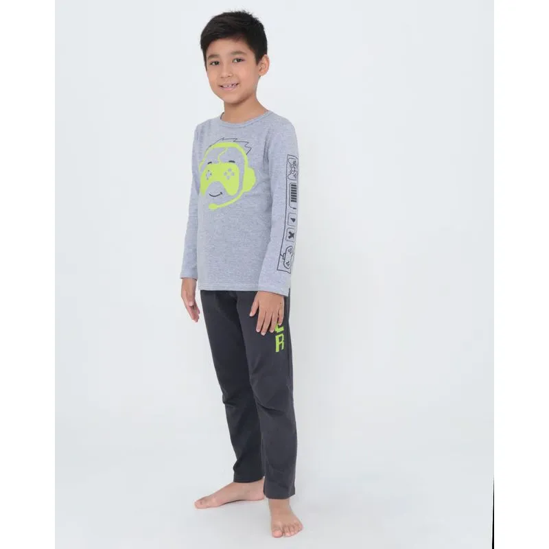 Pijama Longo Infantil Estampa Game Cinza Claro 4