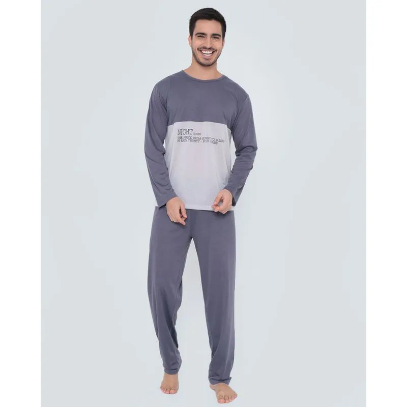 Pijama Masculino Longo Recorte Cinza Escuro G