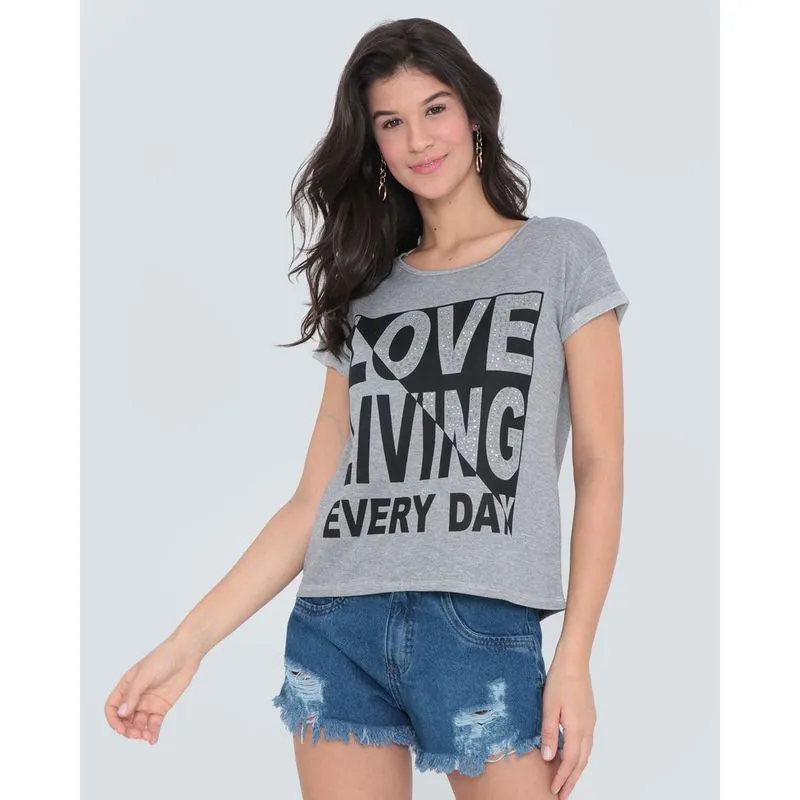 Blusa Moletinho Estampada Com Brilho Cinza Claro G