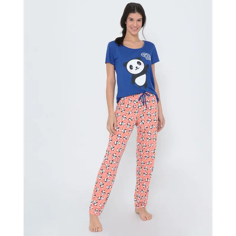 Pijama Feminino Longo Pandas Azul GG