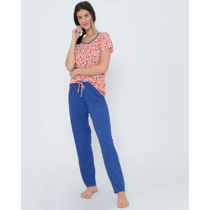 Pijama Feminino Longo Pandas Laranja M