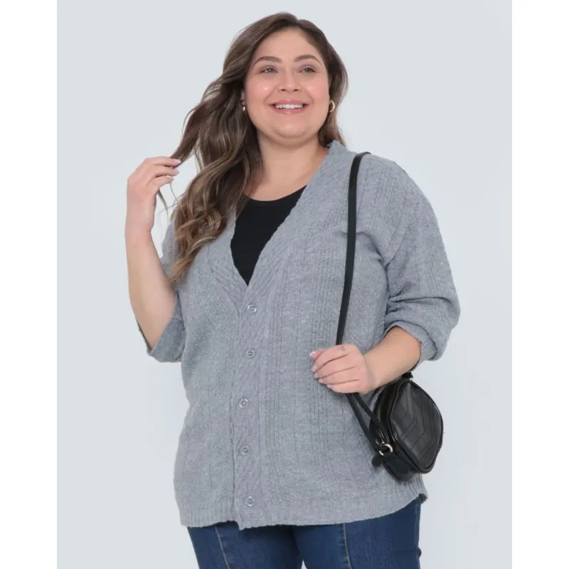 Cardigan feminino plus size tricô Cinza Claro G