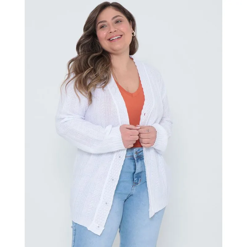 Cardigan Feminino Plus Size Tricô Branco G
