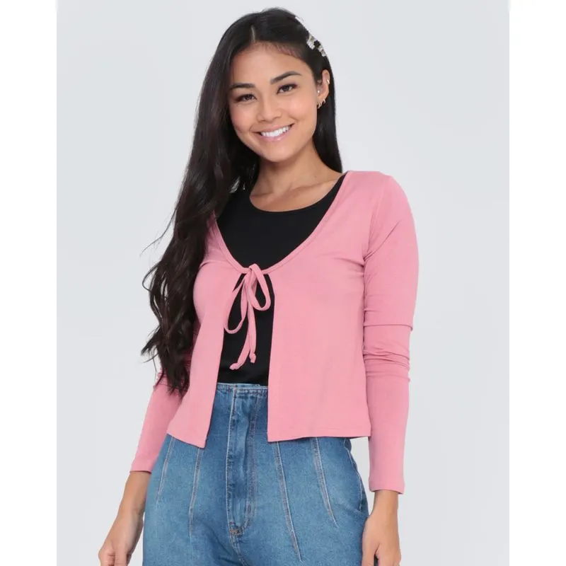 Cardigan Amarração Manga Longa Rosa GG