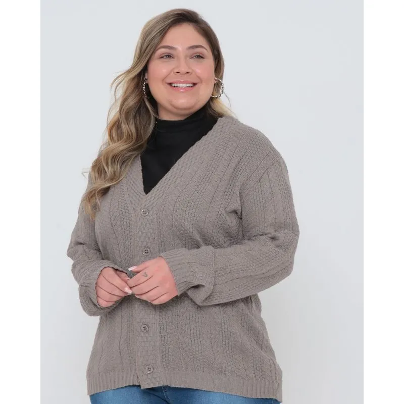Cardigan Feminino Plus Size Tricô Bege Escuro G