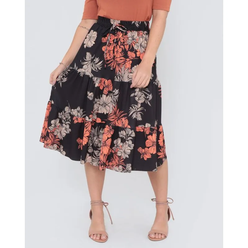 Saia Midi Babado Estampa Floral Preta G