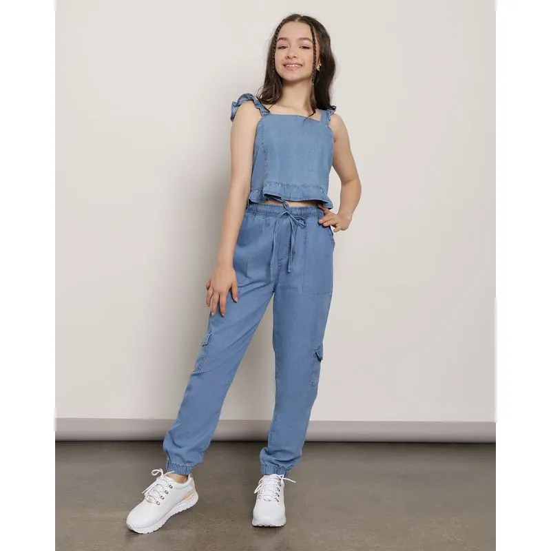 Calça Jeans Juvenil Cargo Jogger Azul Claro 14