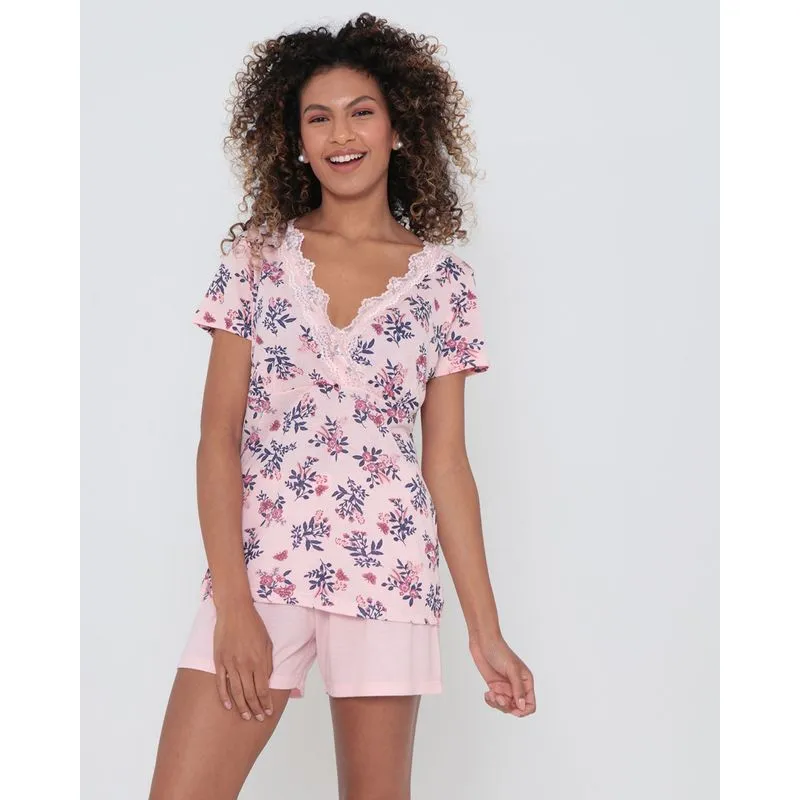 Pijama Feminino Curto Floral Rosa Claro GG