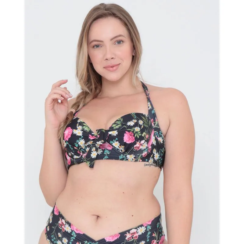 Biquíni Avulso Top Plus Size Bojo Floral Preto 50