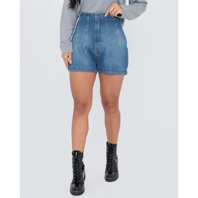 Short Jeans Cintura Alta Mom Azul 36