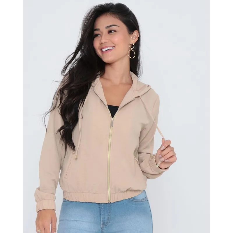 Jaqueta Feminina Crepe Capuz Bege P