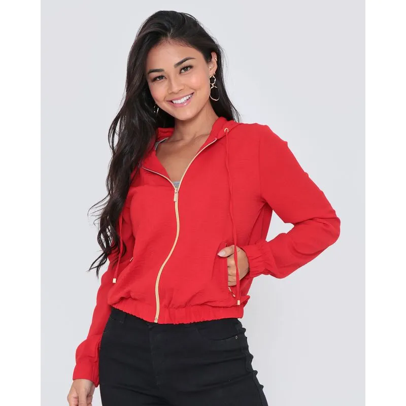 Jaqueta Feminina Crepe Capuz Vermelha P
