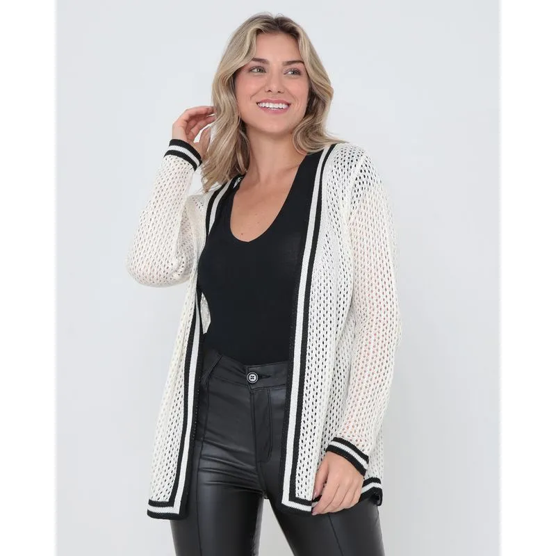 Capa Tricô Manga Longas Listras Off White P