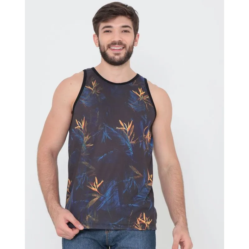 Regata Masculina Estampada Floral Preta GG