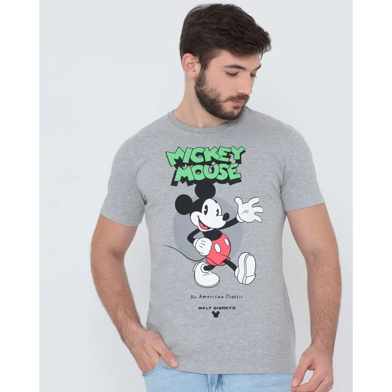 Camiseta Masculina Disney Mickey Manga Curta Cinza M