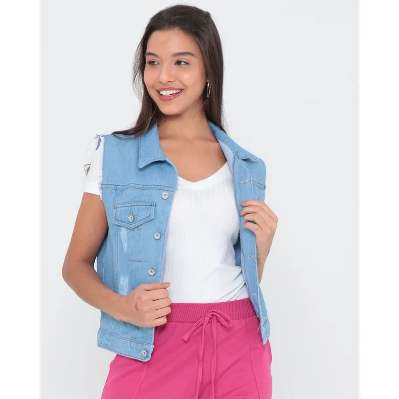 Colete Jeans Puídos Azul Claro G