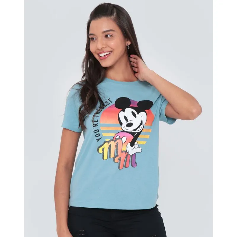 Camiseta Feminina Algodão Disney Mickey Manga Curta Azul M