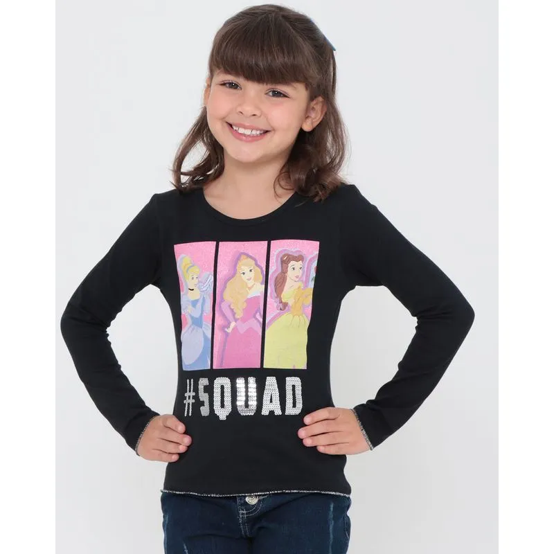 Blusa Infantil Estampa Esquadrão Princesas Disney Preta 10