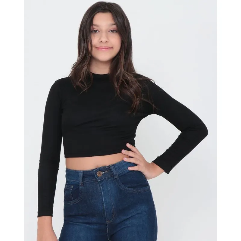 Blusa Juvenil Manga Longa Cropped Preta 10