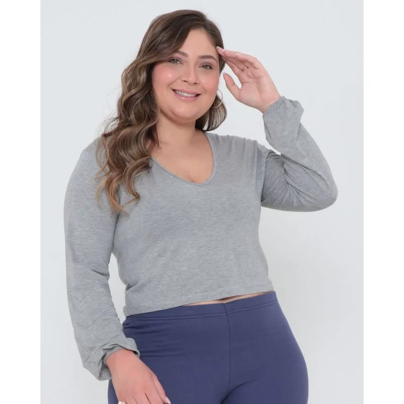 Blusa Plus Size Básica Cropped Cinza Claro G2