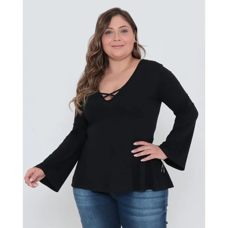 Blusa Bata Plus Size Strappy Manga Longa Preta G1