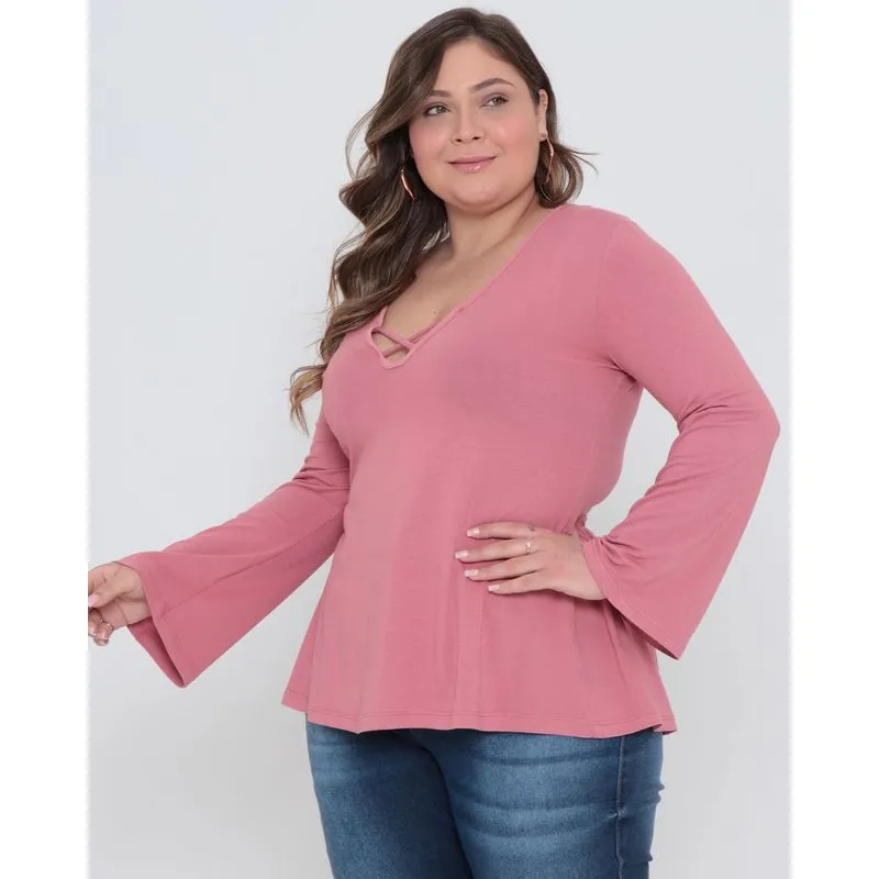 Blusa Bata Plus Size Strappy Manga Longa Rosa G3