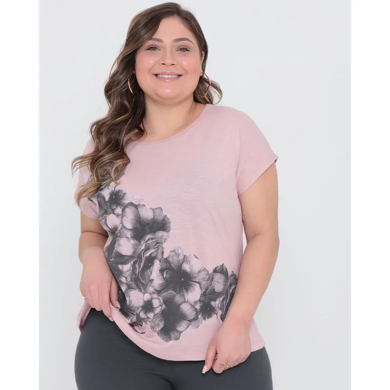 Blusa Plus Size Estampa Floral Rosa Claro G3