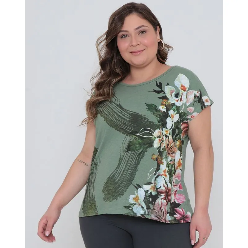 Blusa Plus Size Estampa Floral Verde G1