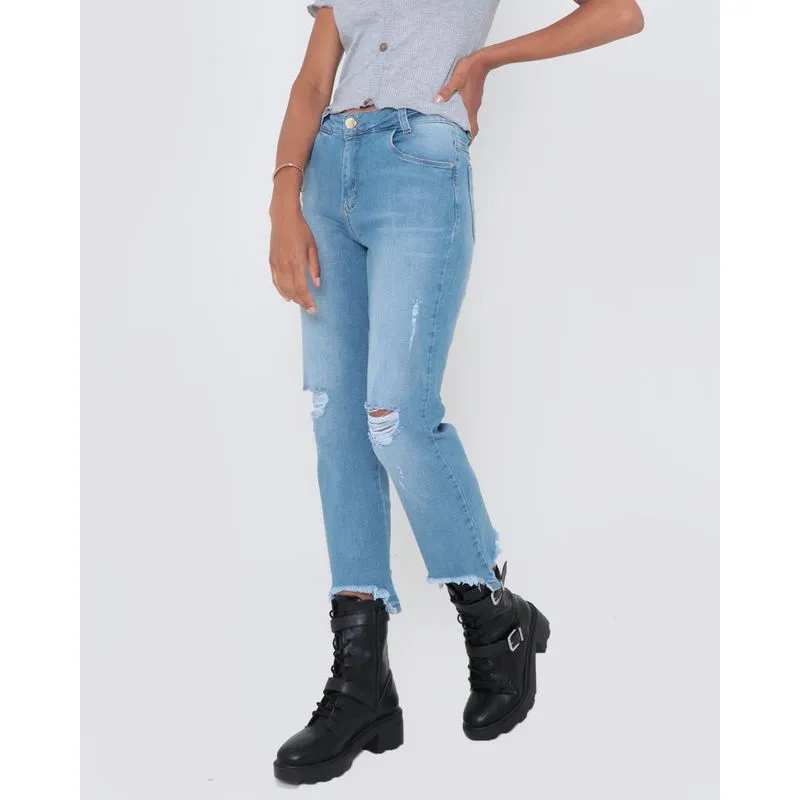 Calça Jeans Feminina Pantacourt Destroyed Azul Claro 38