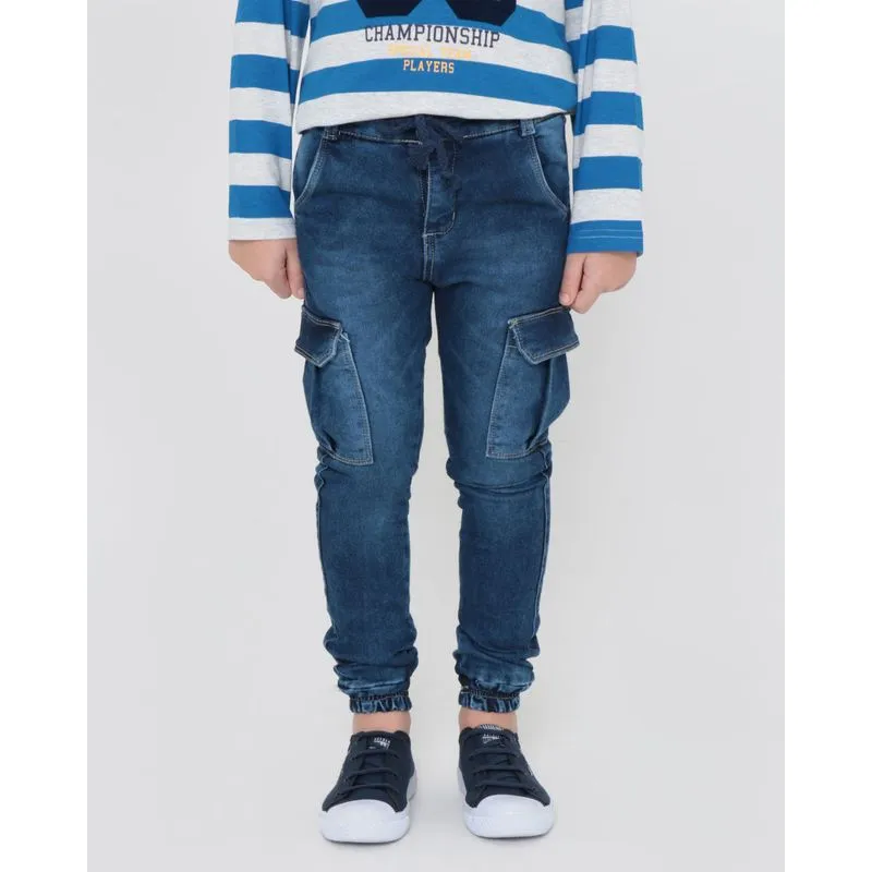 Calça Jeans Moletom Infantil Jogger Cargo Azul 6