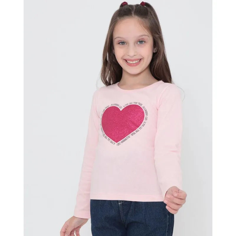 Blusa Infantil Coração Manga Longa Rosa Claro 10