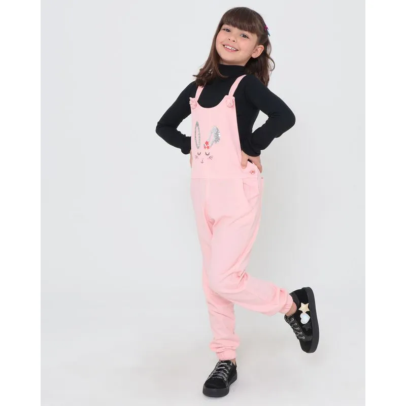 Jardineira Infantil Sarja Paetês Refletido Rosa 6