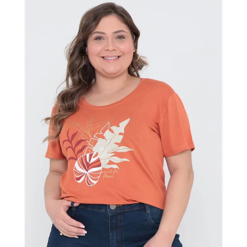 Blusa Plus Size Estampa Folhagem Laranja G1