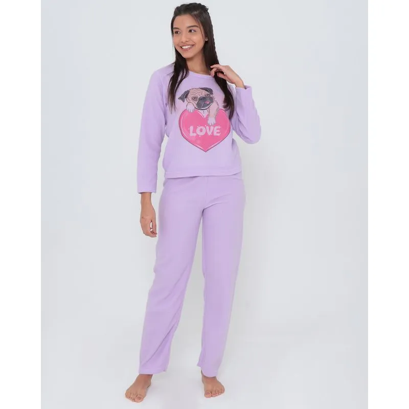Pijama Longo Malha Soft Estampado Lilás GG