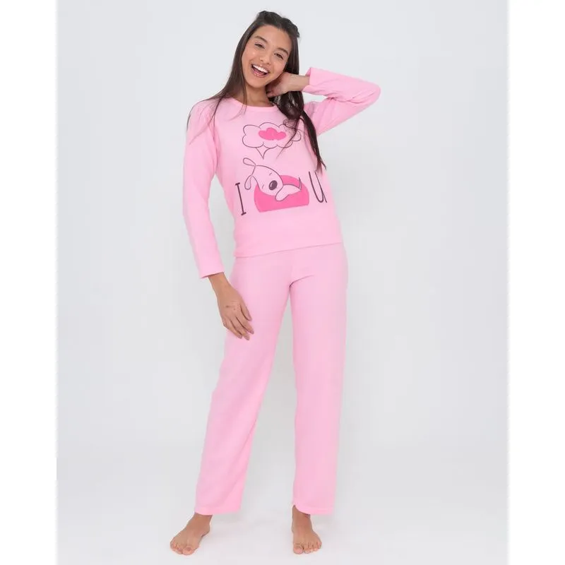 Pijama Longo Malha Soft Estampado Rosa P