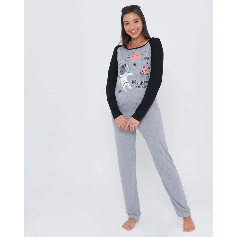Pijama Longo Estampa Cachorro Espacial Cinza P