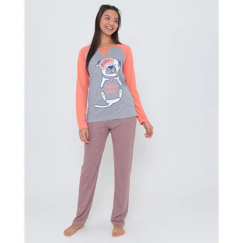 Pijama Longo Estampa Listrada Cachorro Cinza GG