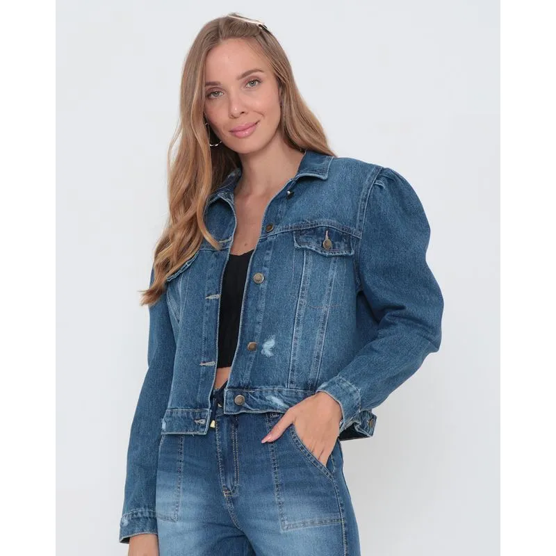 Jaqueta Jeans Feminina Destroyed Manga Bufante Azul GG