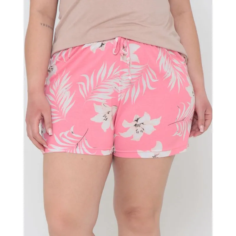 Short Plus Size Elástico Estampado Floral Rosa G1