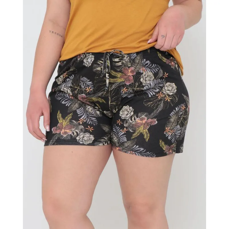 Short Plus Size Elástico Estampado Folhagens Preto G3