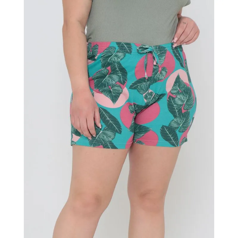 Short Plus Size Elástico Estampado Floral Verde G1