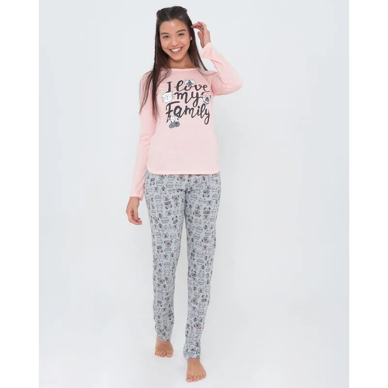 Pijama Longo Estampa Cães e Gatos Laranja M