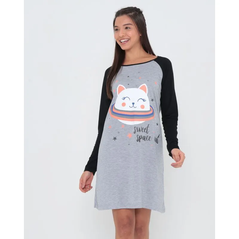 Camisola Manga Longa Estampa Gato Astronauta Cinza G